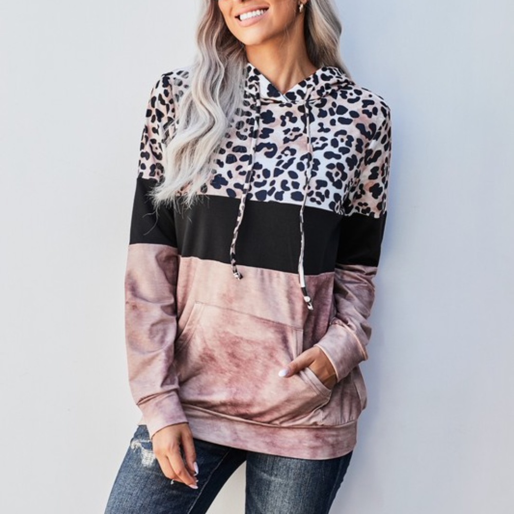 Boho Pink Leopard Print Tie Dye Sweater Top - Picture 1 of 7